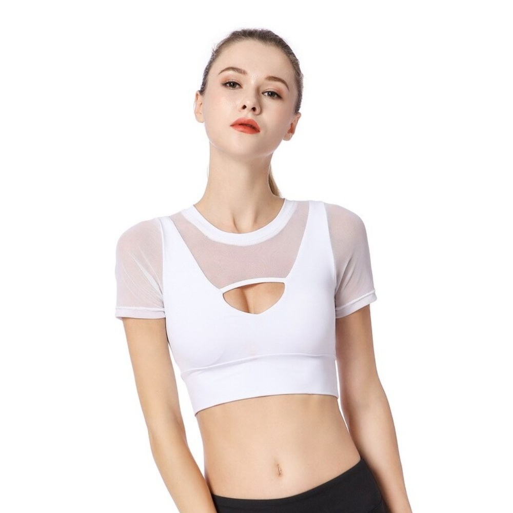 Mesh Patchwork Hollow Out Short Sleeve Yoga Top - Picture 1 of 3